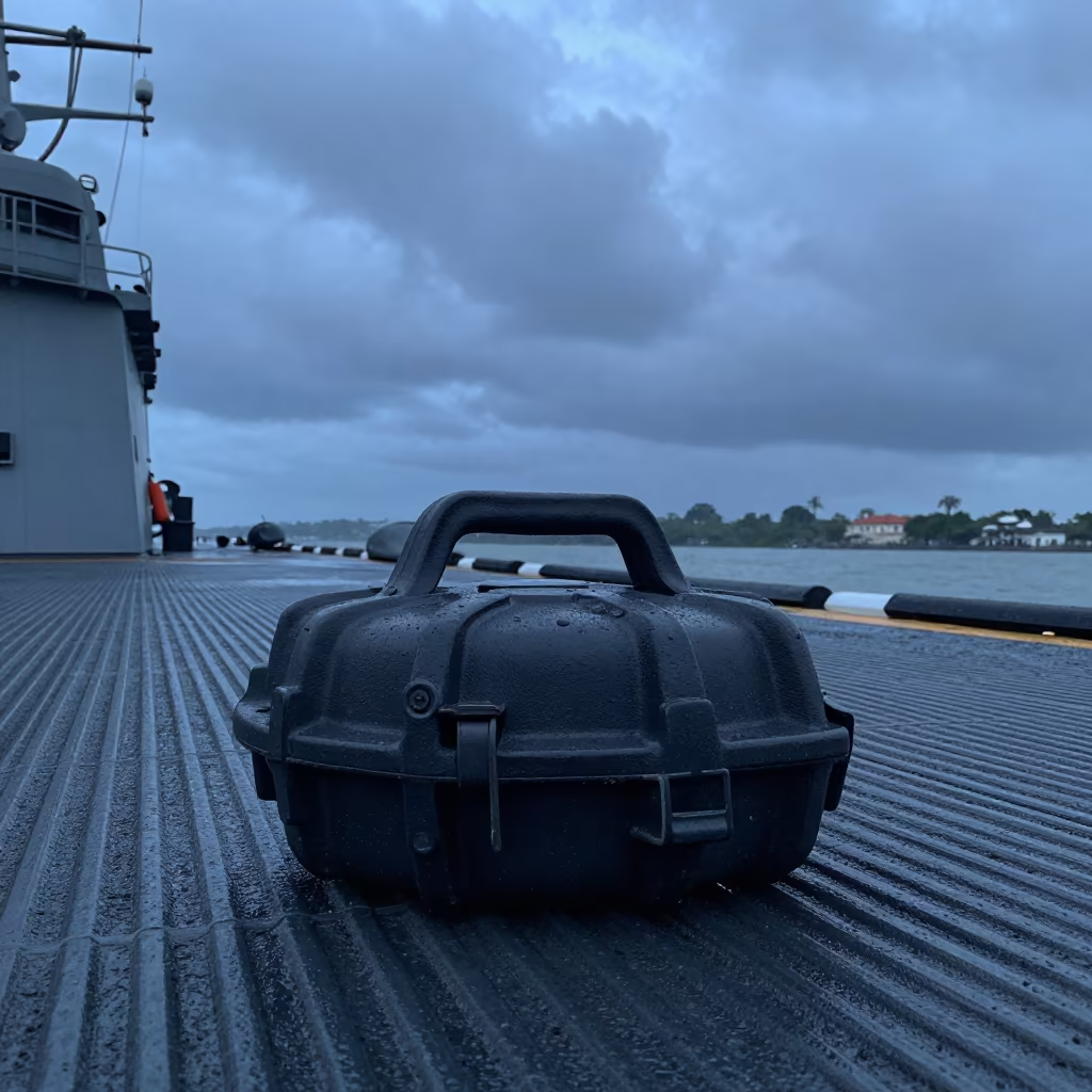 Water Buffalo Hose Cap Case on Naval Deck at Blue Hour in on a naval deck in rough wind near Benin City