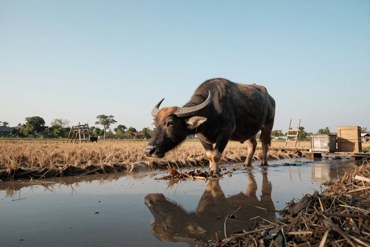 Water Buffalo Plowing Rice Paddy in Bangkok in among orchard ladders and crates in Khao San Road, Bangkok