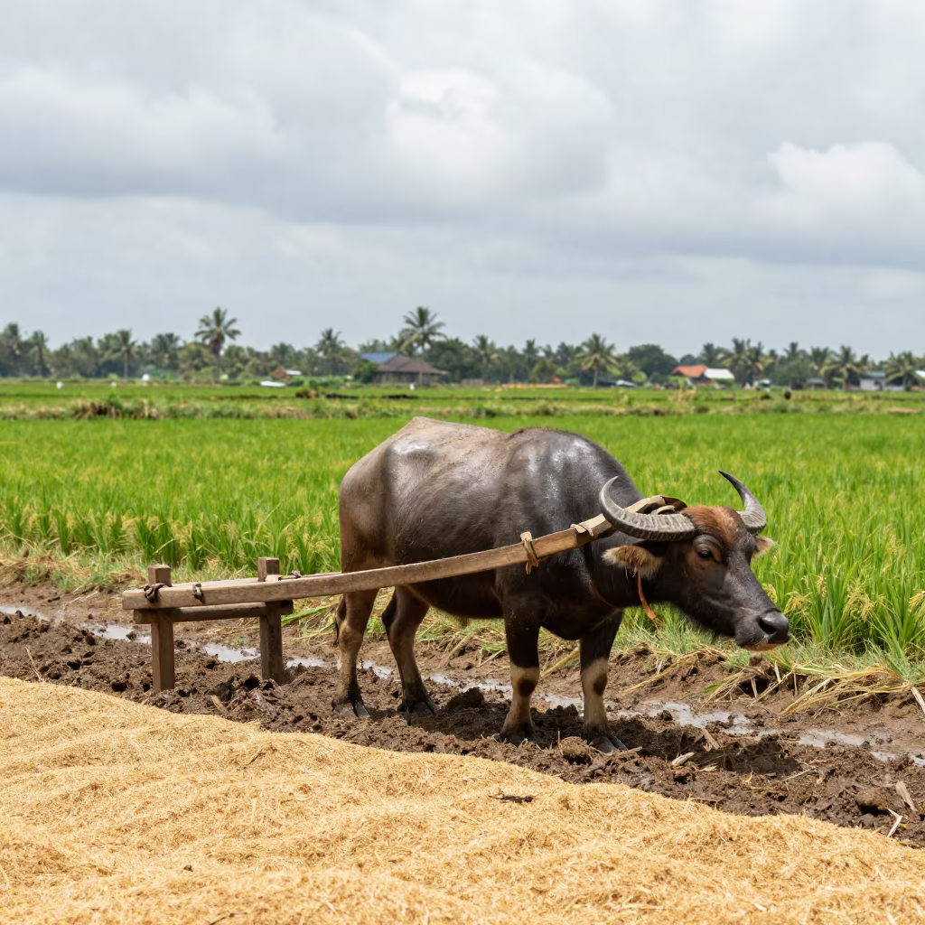 Water Buffalo Plowing Rice Paddy Midday Monsoon in across a harvested grain field in Dar es Salaam
