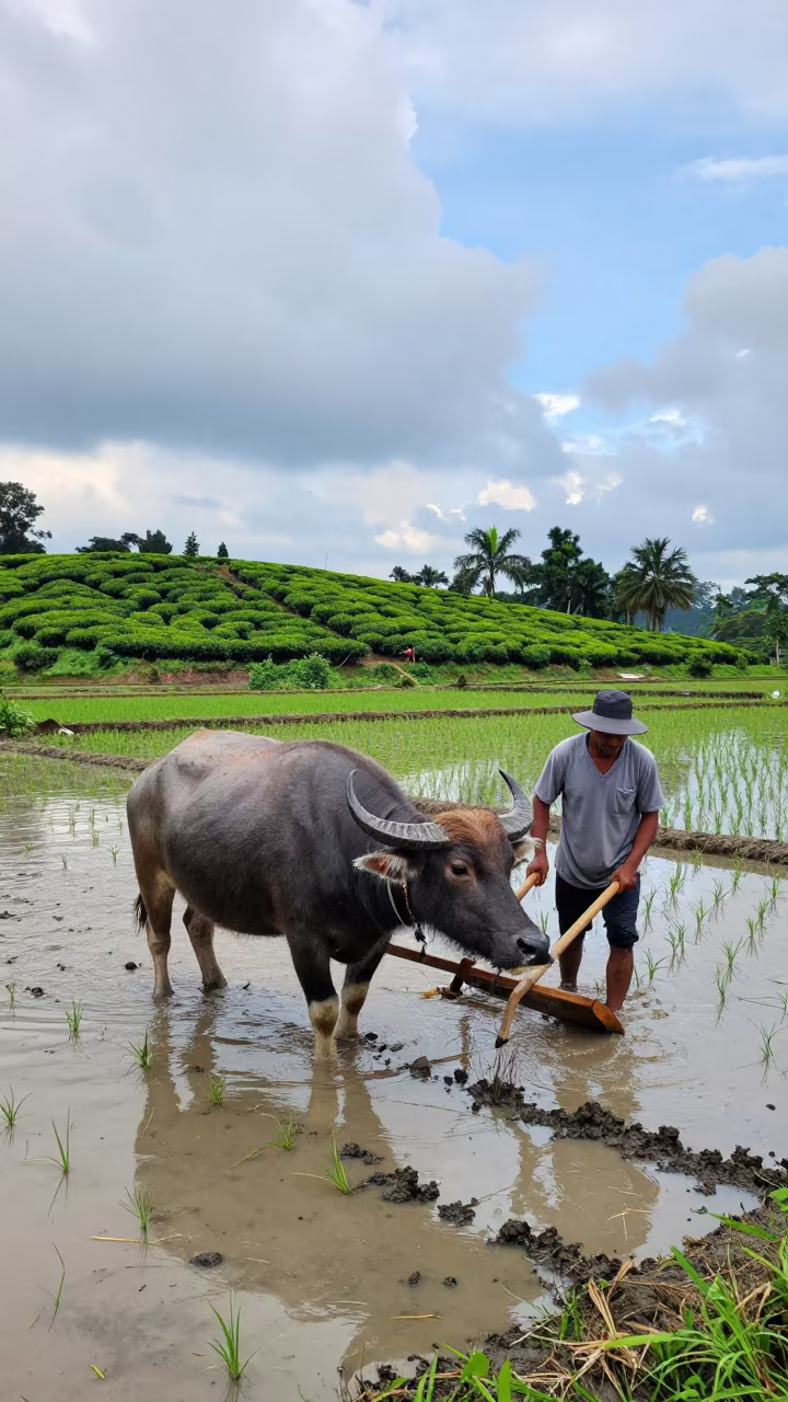 Water Buffalo Plowing Rice Paddy Near Tea Plantation in at the edge of a tea plantation near Kuala Lumpur