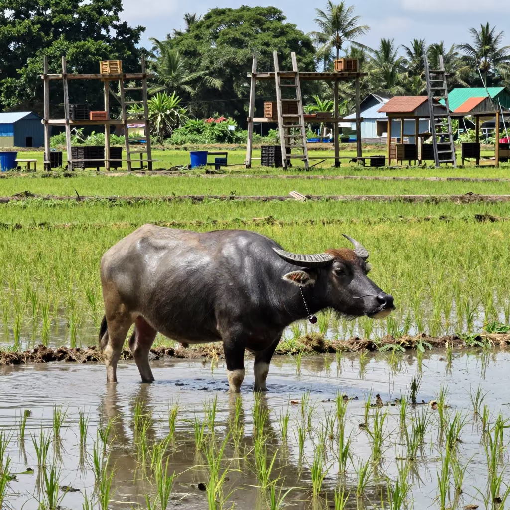Water Buffalo in Rice Paddy Kuala Lumpur in among orchard ladders and crates in Kuala Lumpur