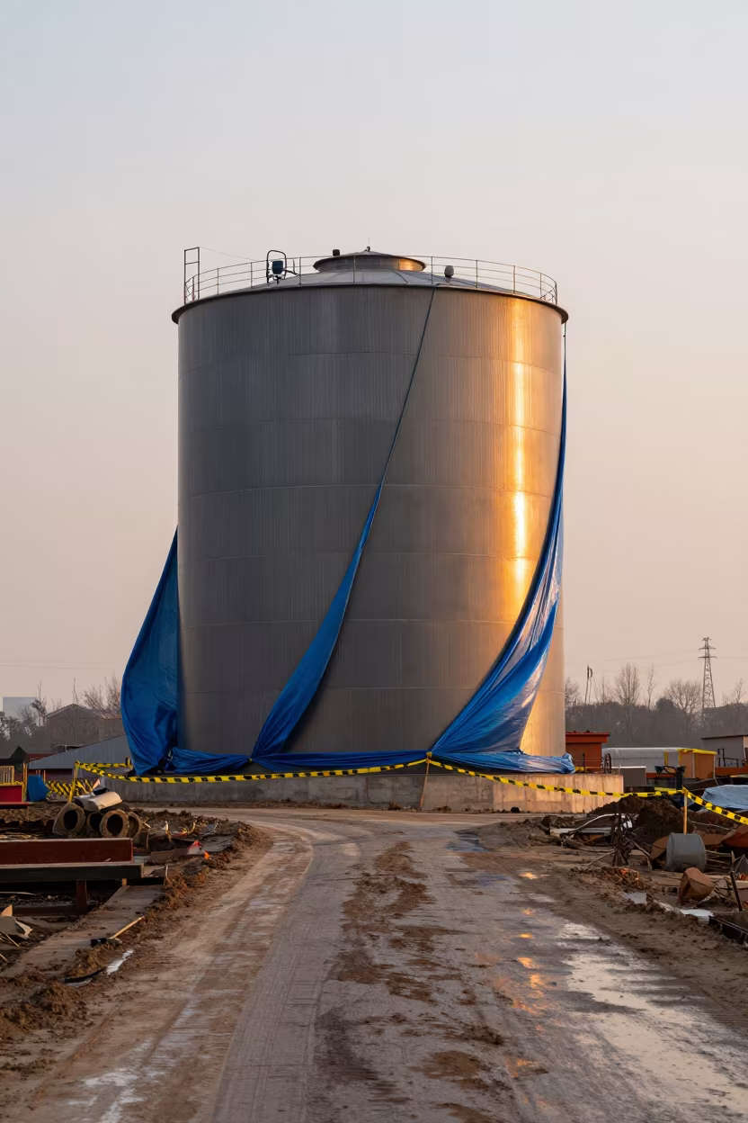 Water Buffalo Tank on Muddy Road at Sunset in at a muddy site access road near Wuhan