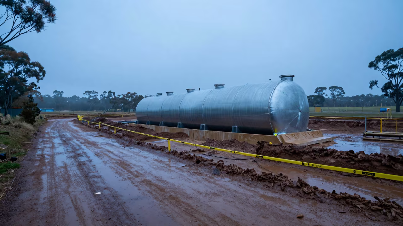 Water Buffalo Tank in NSW Excavation Blue Hour in inside a taped-off excavation edge in New South Wales