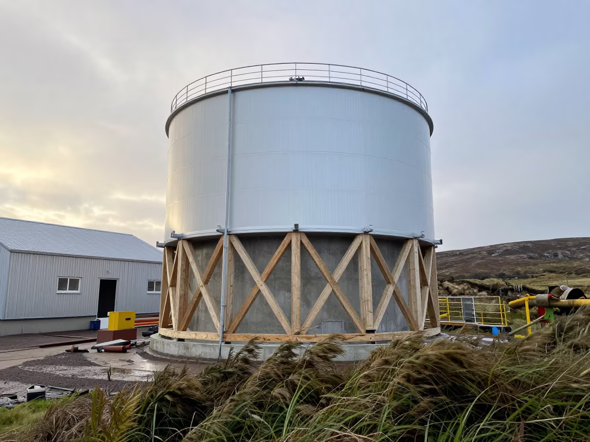 Water Buffalo Tank in Scottish Highlands Construction Site in beside a framed building shell in the Scottish Highlands