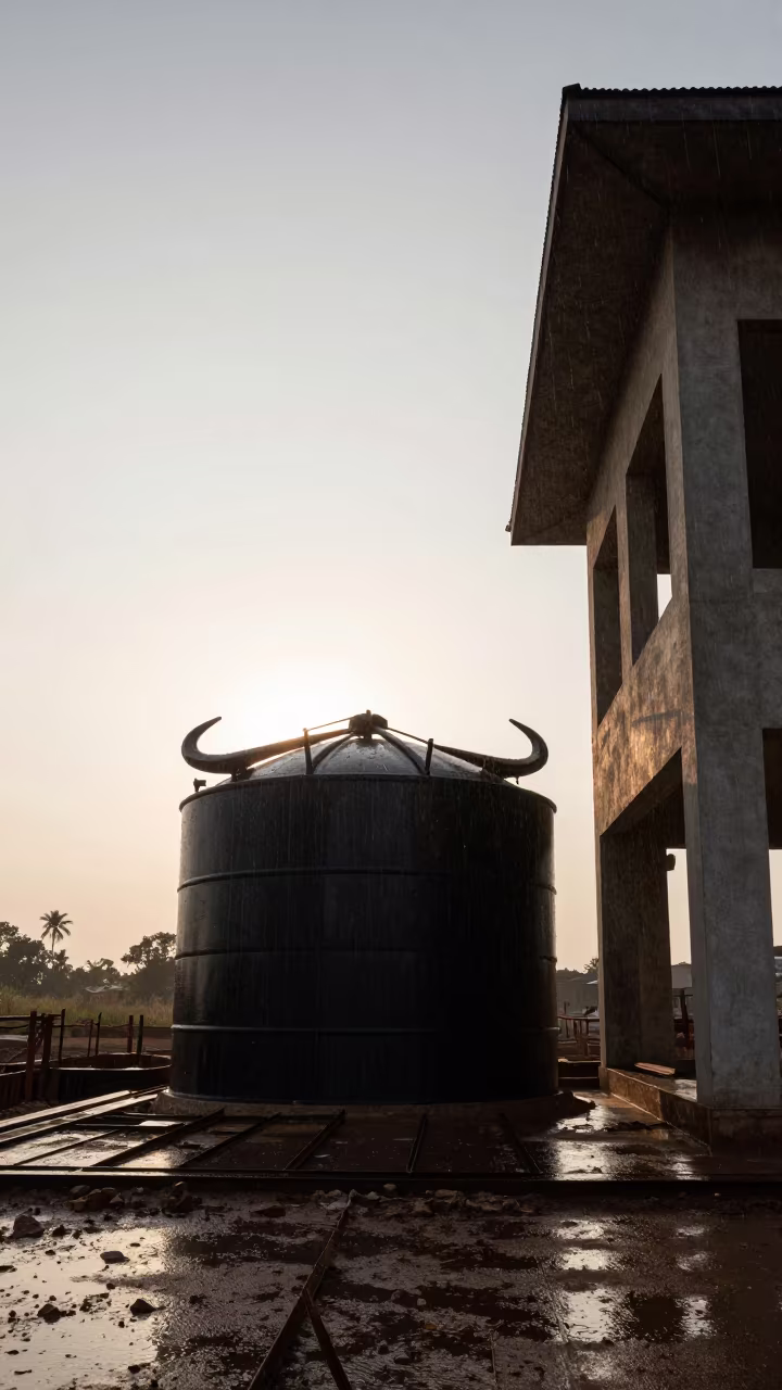 Water Buffalo Tank Silhouette at Lichinga Construction Site in beside a framed building shell in Lichinga