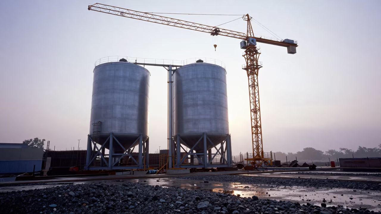 Water Buffalo Tank Under Crane at Dawn in beneath a tower crane on open ground in Sulawesi
