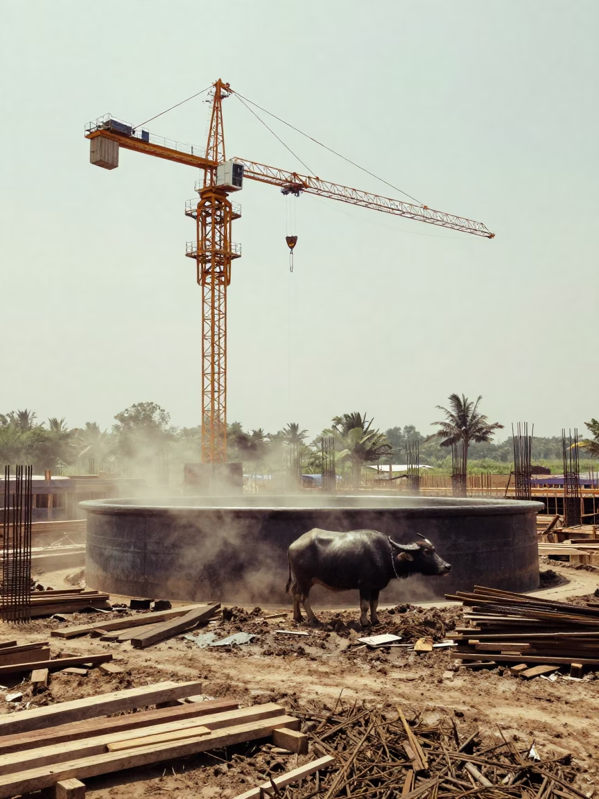 Water Buffalo Tank Under Crane in Sulawesi in beneath a tower crane on open ground in Sulawesi
