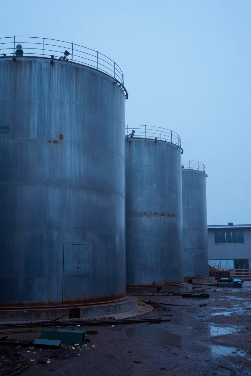 Water Buffalo Tank at Vantaa Construction Site Twilight in beside a framed building shell in Vantaa