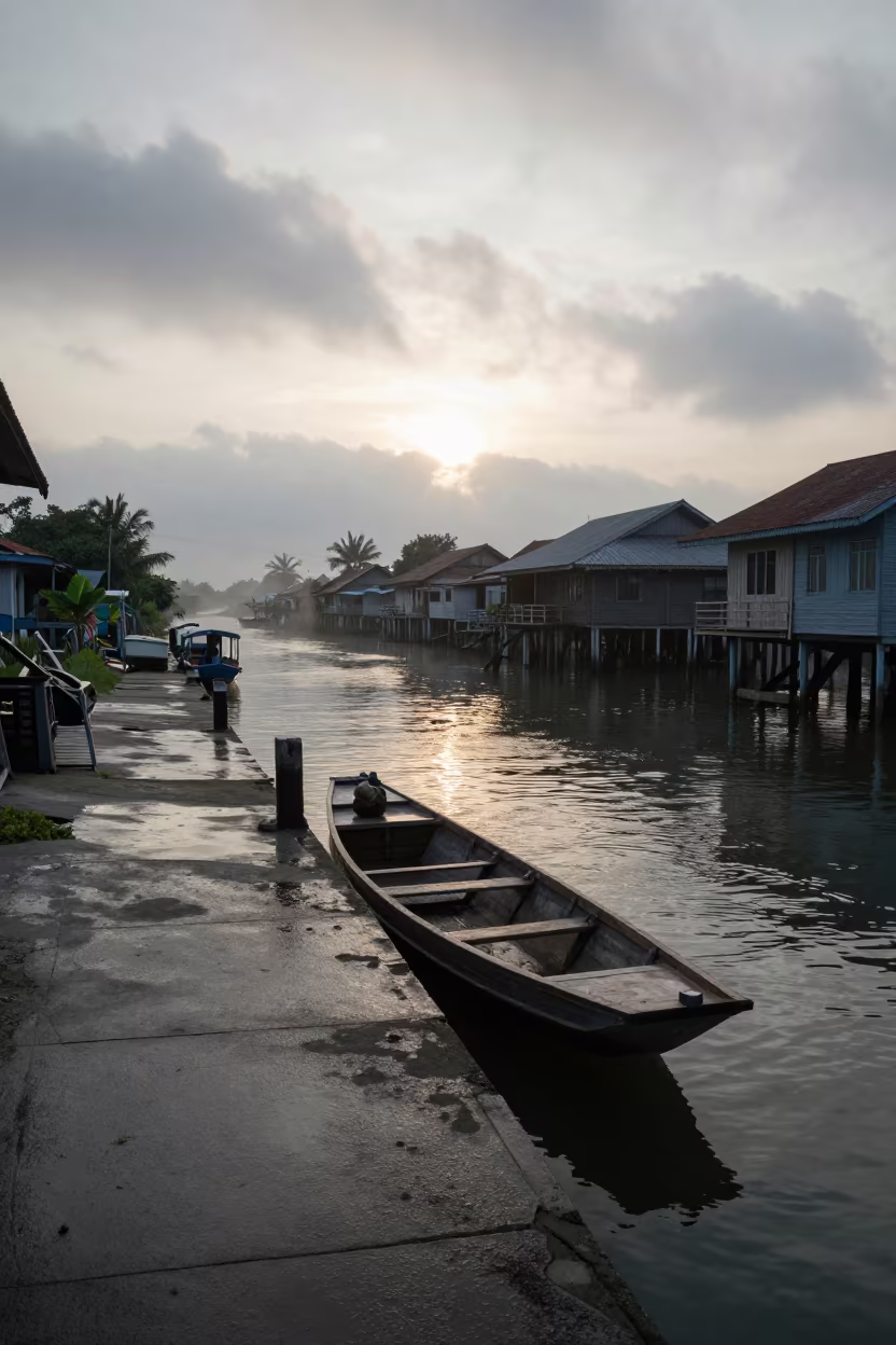 Water Bus Stops at Dawn Pier in Monsoon Indonesia in in Indonesia