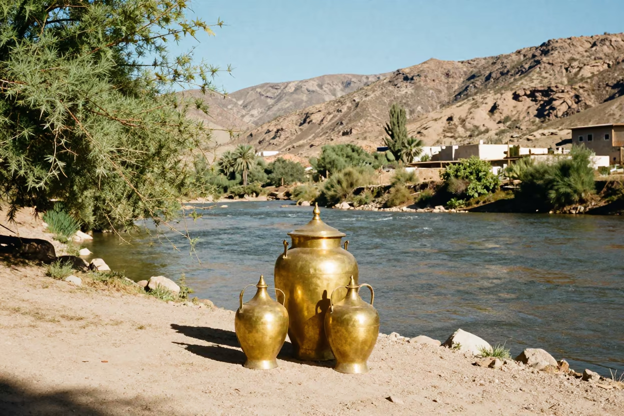 Water Carrier with Brass Vessels by El Paso River in by a riverbank near El Paso