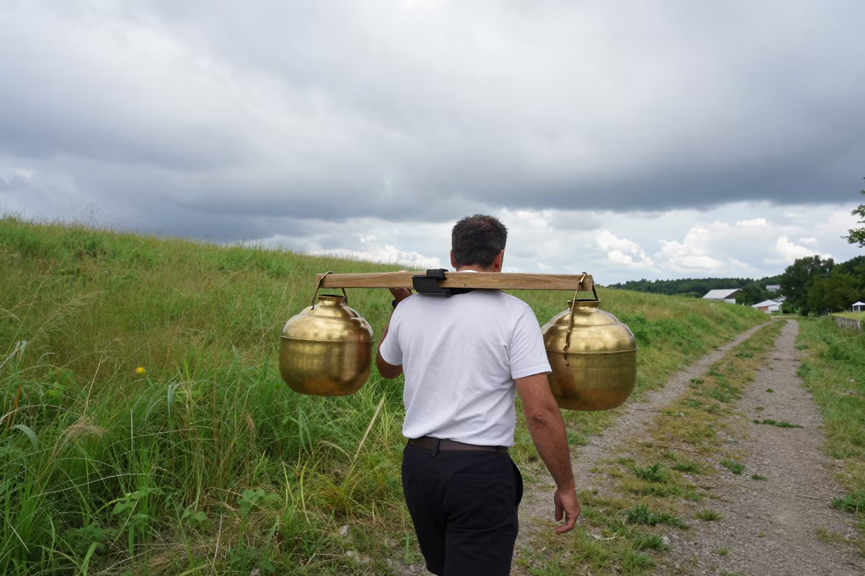 Water Carrier with Brass Vessels on Hillside in on a hillside near St. Catharines