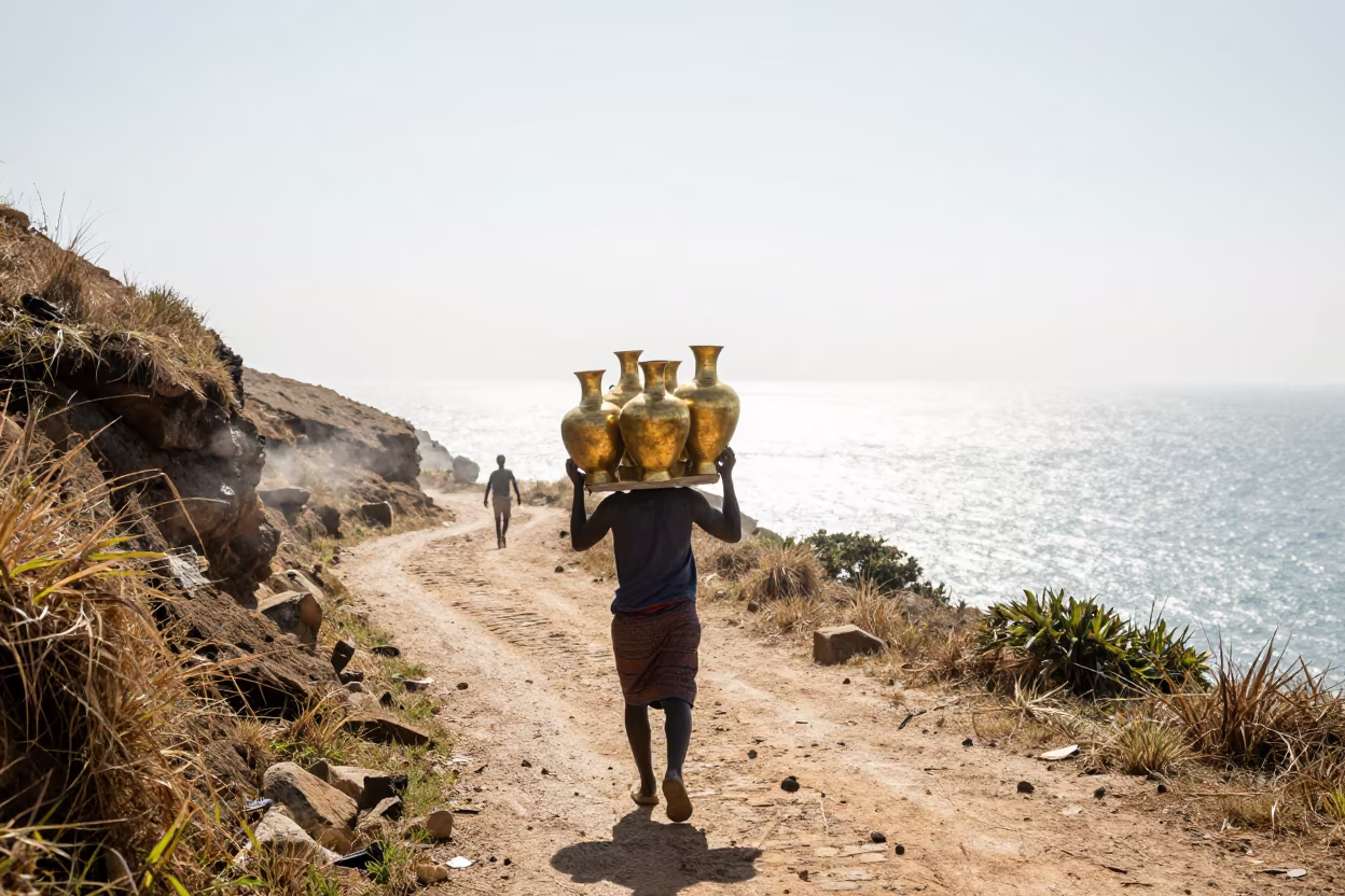 Water Carrier with Brass Vessels on Mombasa Path in on a mountain path near Mombasa