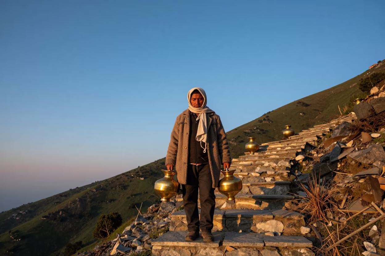 Water Carrier Brass Vessels Mountain Path Gangtok in on a mountain path near Gangtok