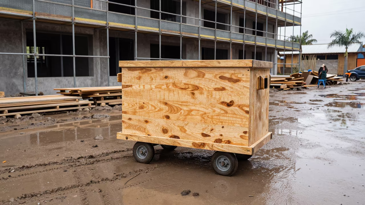 Water Cooler Cart Amidst Monsoon Mud in along a scaffolded facade in Peru