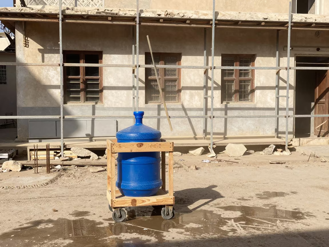 Water Cooler Cart on Tripoli Construction Scaffold in along a scaffolded facade in Tripoli