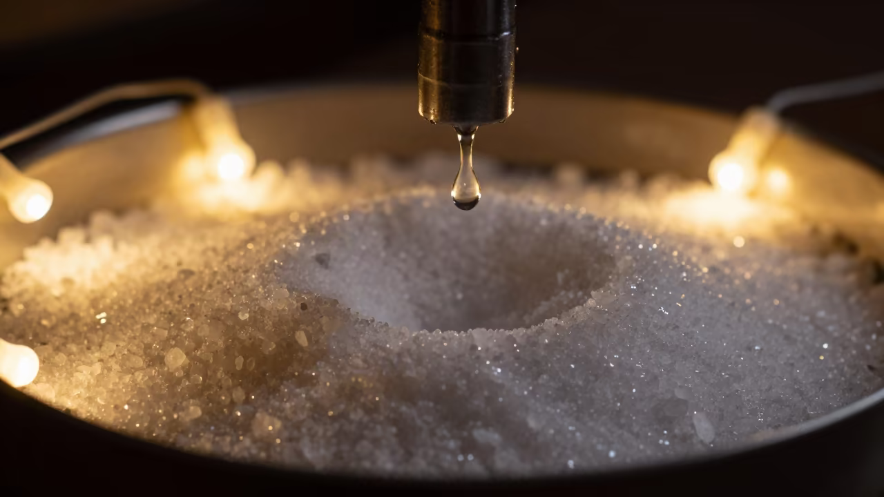 Water Drop on Salt Crystals Makhachkala in on salt crystals along a pan rim in Makhachkala