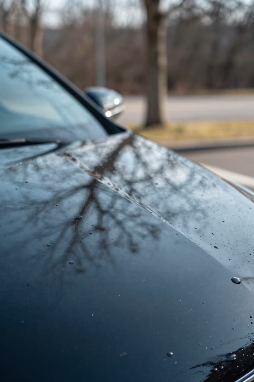 Water Droplet on Car Hood Reflecting Trees in near Hama