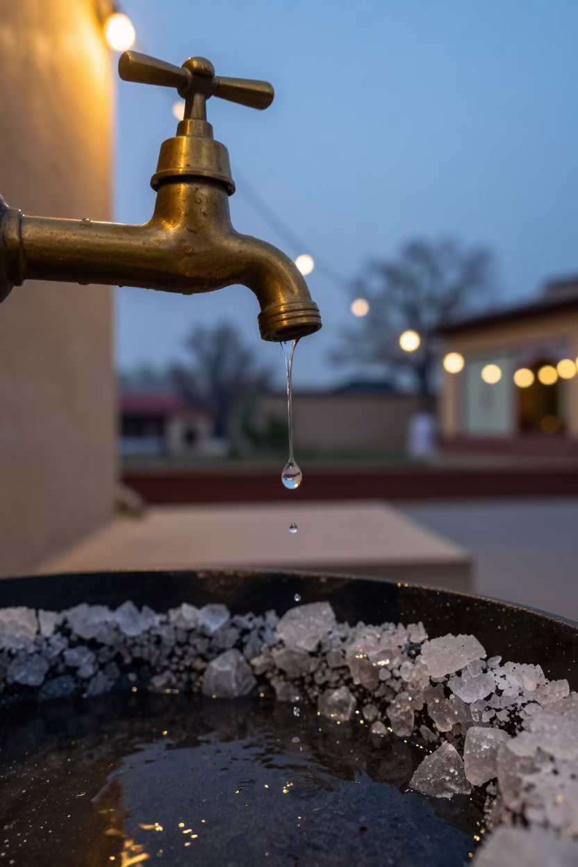 Water Droplet Falling on Salt Crystals in Srinagar in on salt crystals along a pan rim in Srinagar