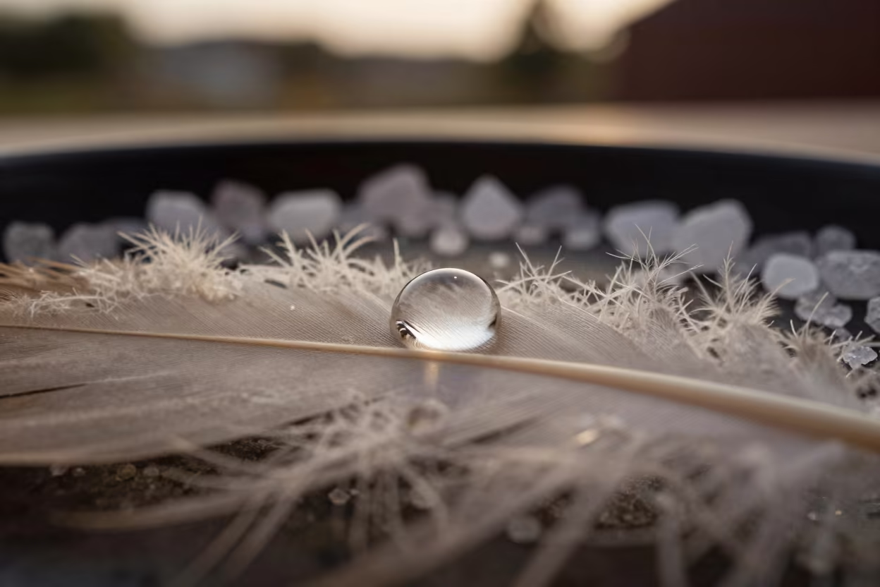 Water Droplet on Feather Barb with Salt Crystals in on salt crystals along a pan rim in Bishkek
