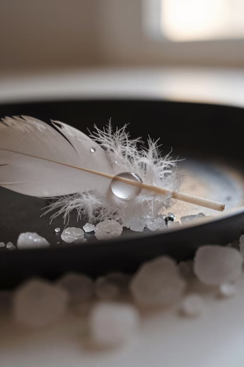 Water Droplet on Feather Barb with Salt Crystals in on salt crystals along a pan rim in Rochester