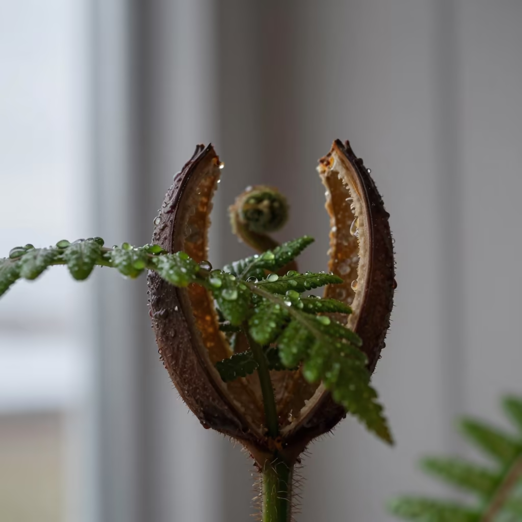 Water Droplet on Fern Inside Seed Pod Akureyri in inside a seed pod split open in Akureyri