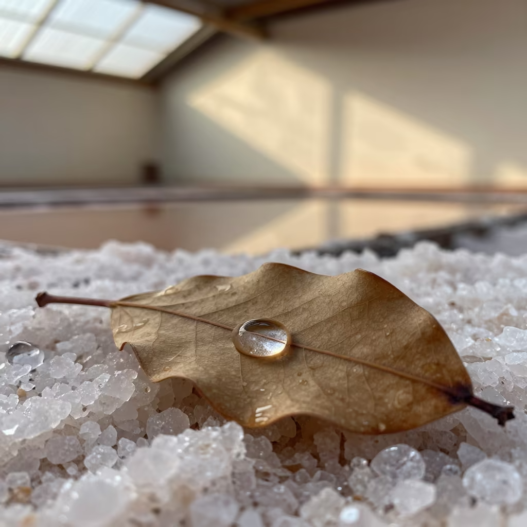Water Droplet Lens Magnifies Salt Pan Leaf Veins in on salt crystals along a pan rim in Carúpano
