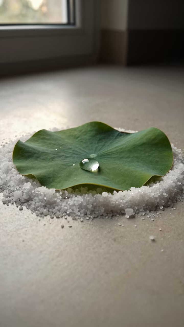Water Droplet on Lotus Leaf Near Salt Crystals in on salt crystals along a pan rim near Kanpur