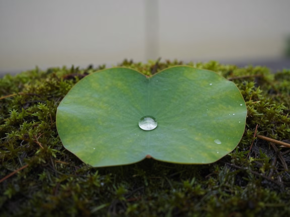 Water Droplet on Lotus Leaf in St Petersburg in on dew-soaked moss in St Petersburg