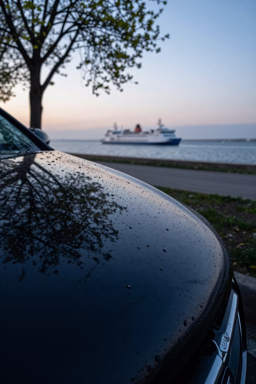 Water Droplet Reflects Spring Trees on Car Hood in across a remote ferry crossing near Bari