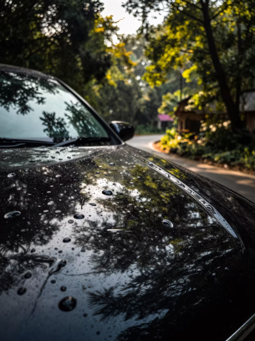 Water Droplet Reflects Trees on Car Hood in in Arunachal Pradesh