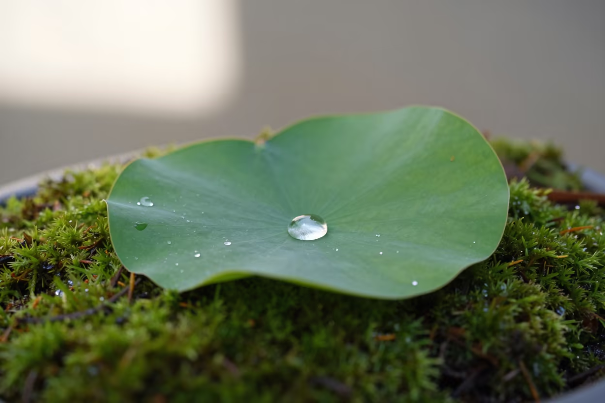 Water Droplet Rolling on Lotus Leaf in on dew-soaked moss in Pereira