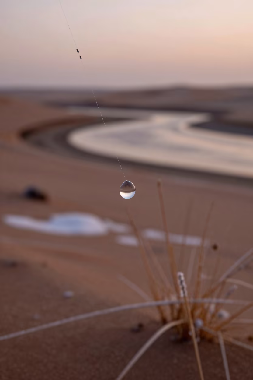 Water Droplet on Silk Strand Desert Winter in beside a tidal inlet in the Gobi Desert