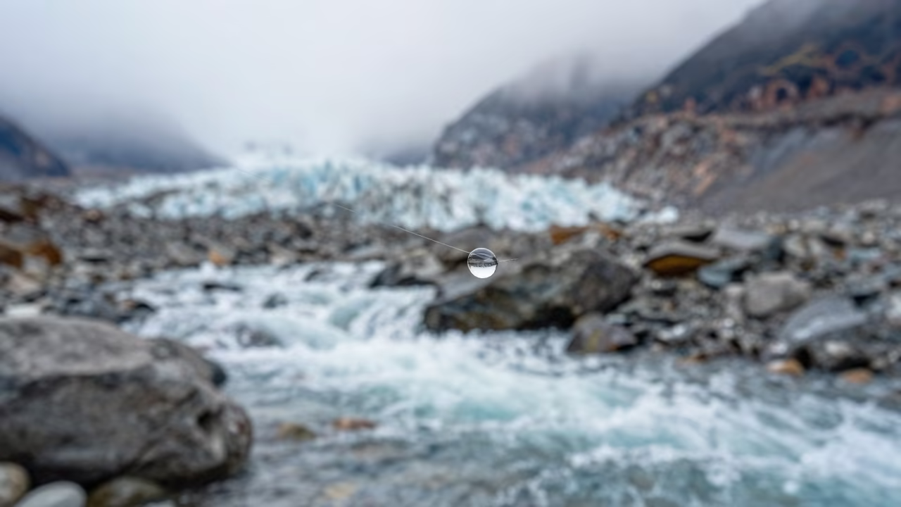 Water Droplet on Spider Silk Over Glacial Stream in above a glacial stream near Thimphu