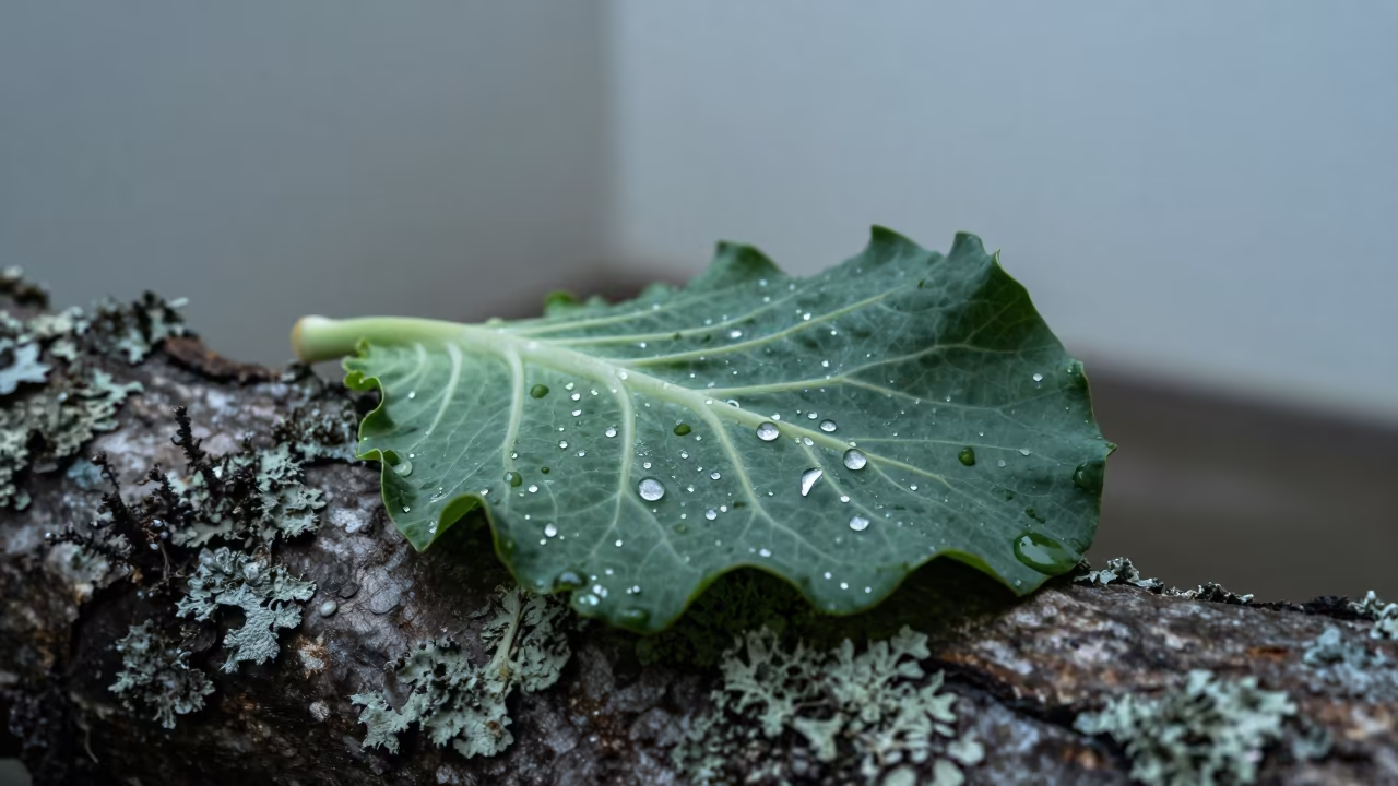 Water Droplet Trails on Waxy Cabbage Leaf in on lichen-covered bark in Lombok
