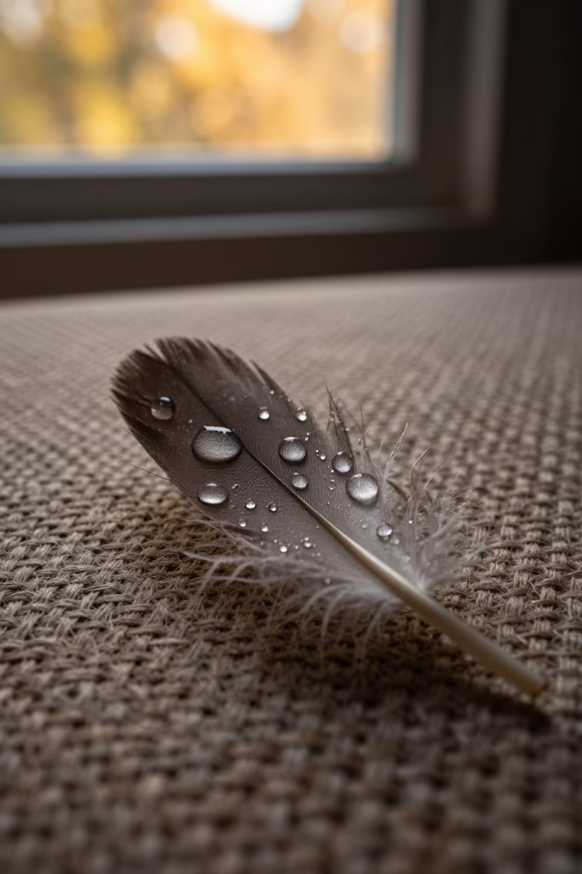 Water Droplets on Feather Linen Canberra in against woven linen fibers in Canberra
