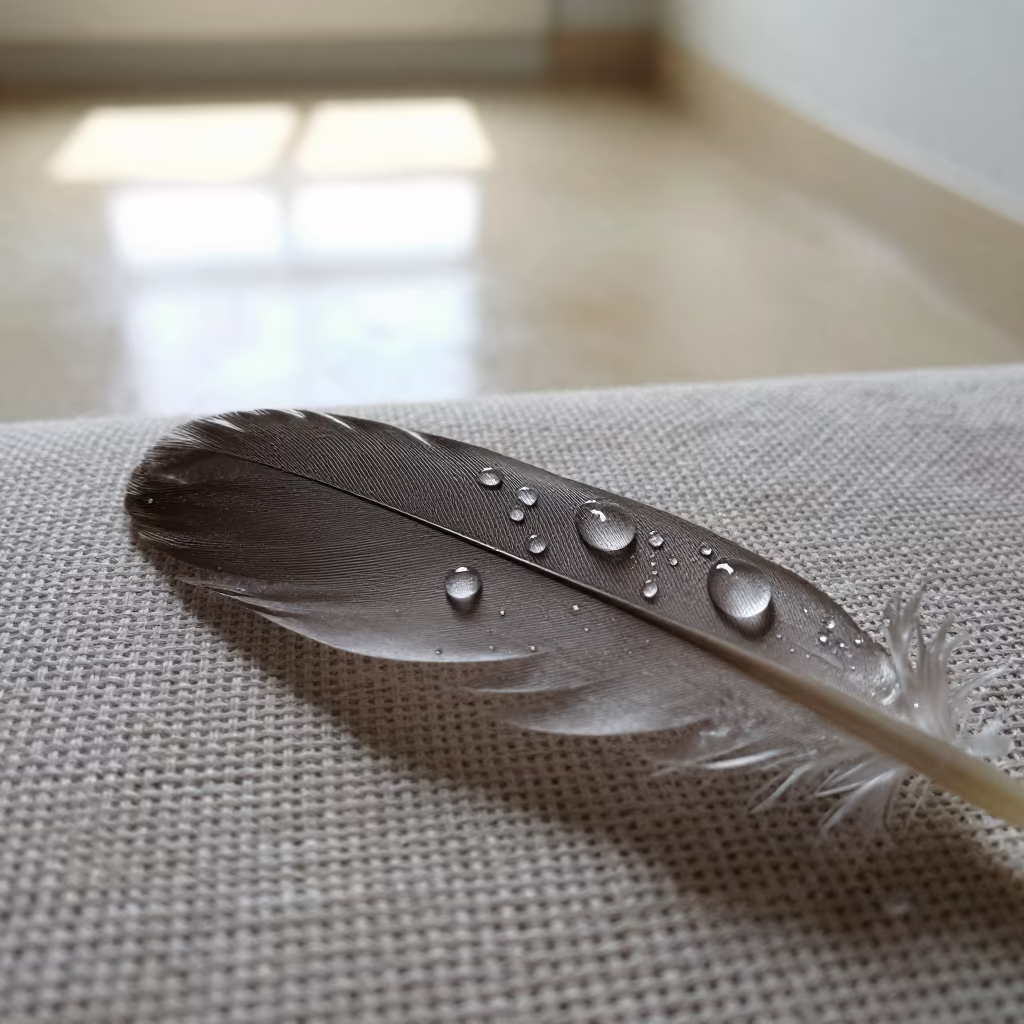 Water Droplets on Feather Against Linen in Dakar in against woven linen fibers in Dakar