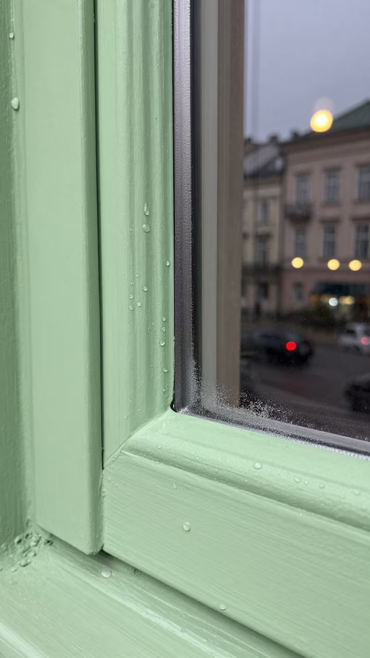Water Droplets on Fresh Paint Window Krakow in along a frost-edged windowpane in Krakow