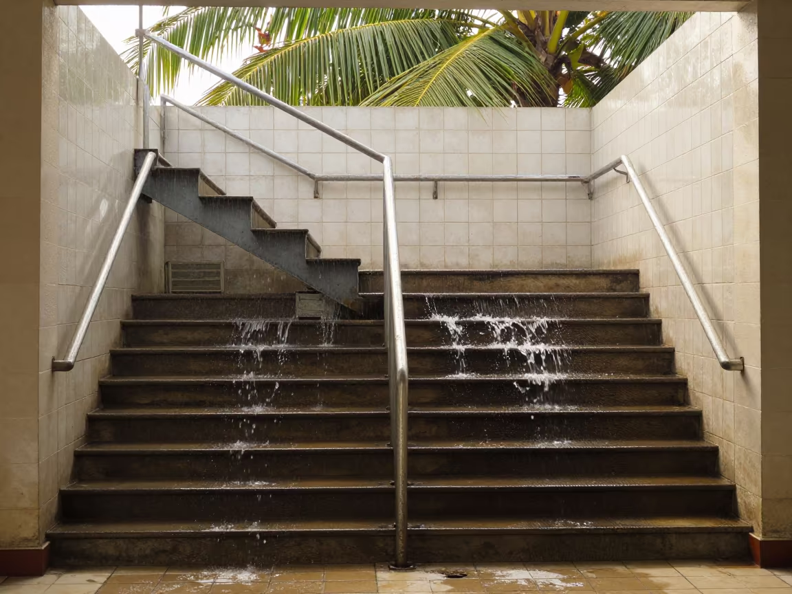 Water Flowing Uphill on Tiled Staircase in inside a tiled stair hall near Man