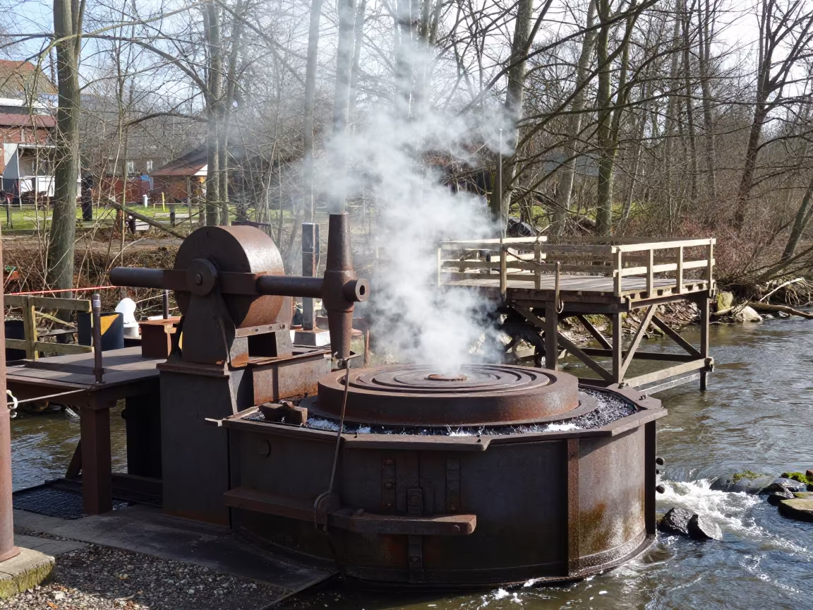 Water Forge Trip Hammer Beside Stream in Late Autumn in on a scaffold platform near Bremen