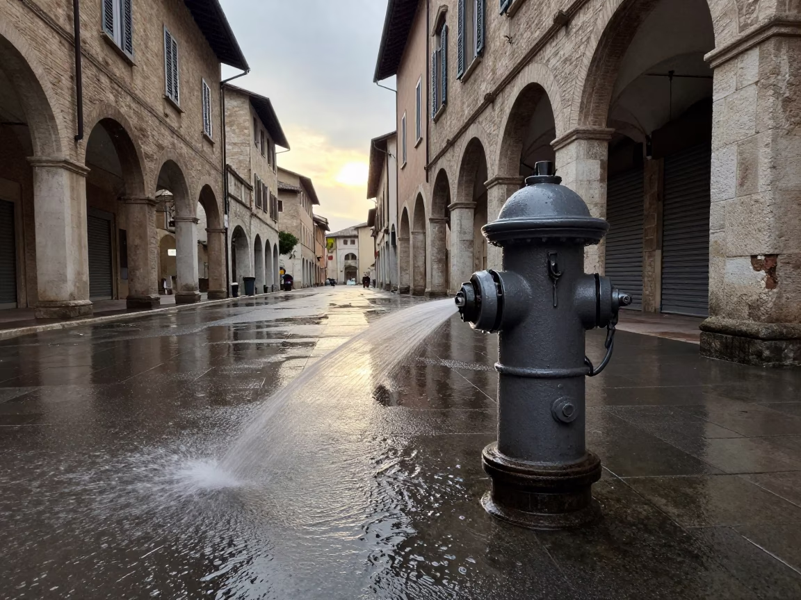 Water Gushing From Hydrant on Winter Street in along a shuttered arcade in Assisi