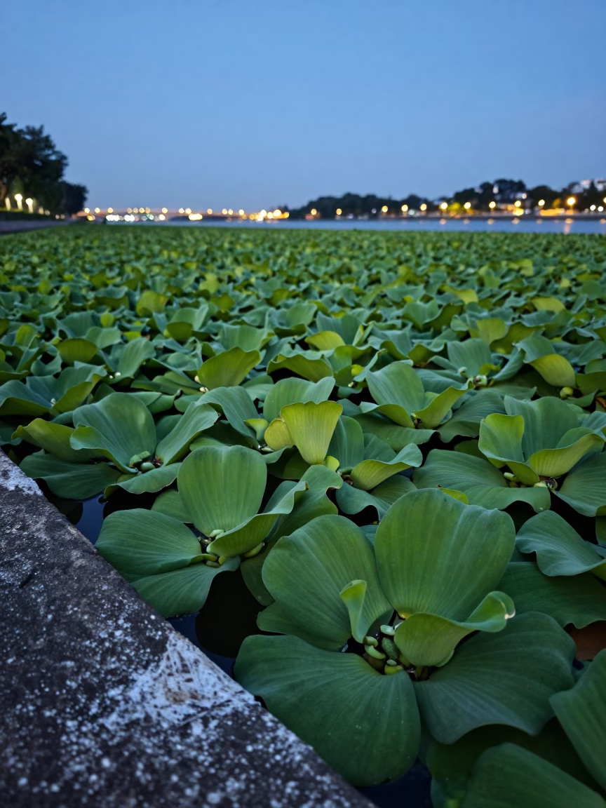 Water Hyacinth Choking Tropical Waterway Near Singapore in along a salt-sprayed cliff edge near Singapore