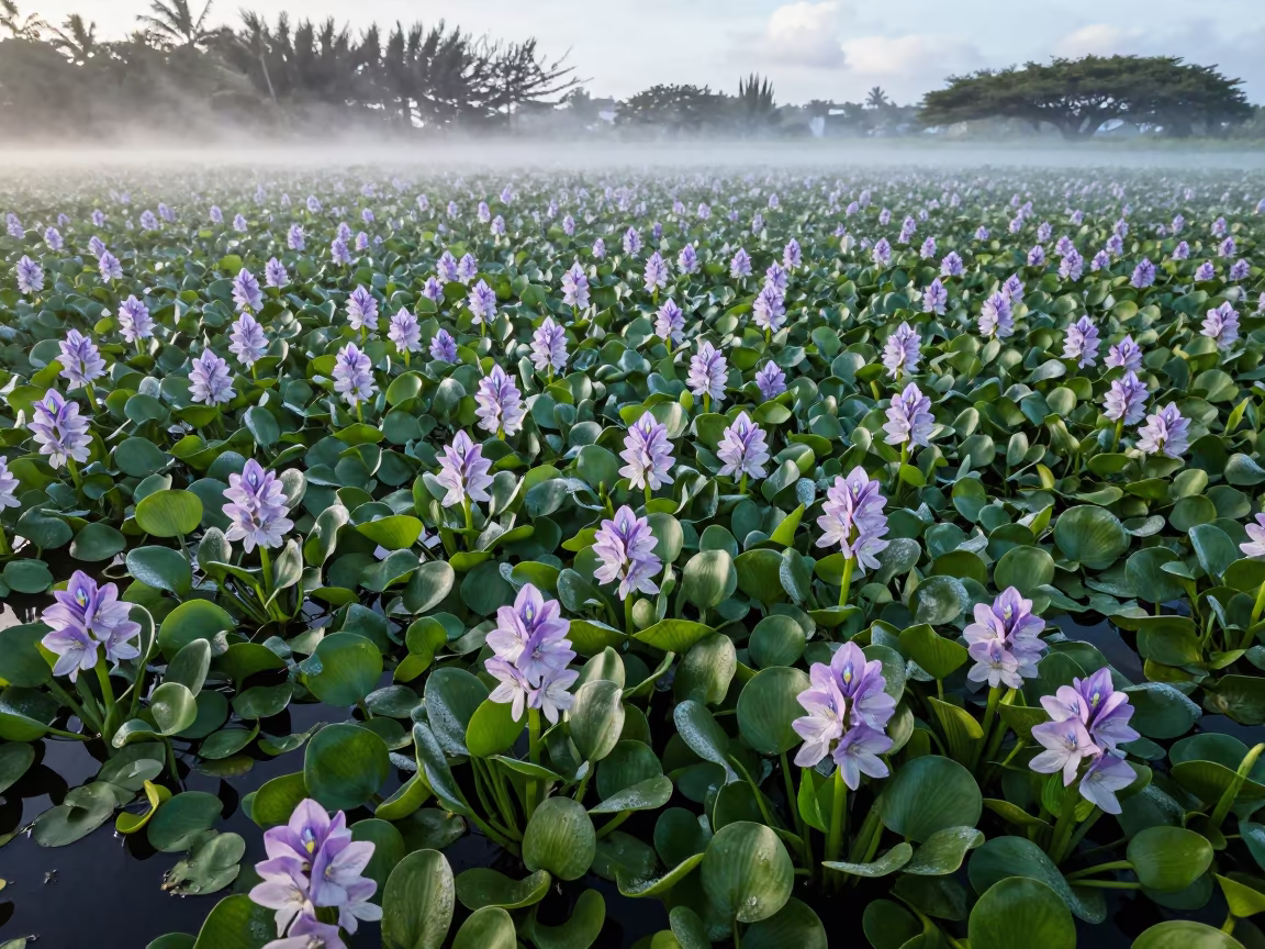 Water Hyacinth Chokes Tropical Waterway at Dawn in in a bloom-heavy meadow in Hawaii