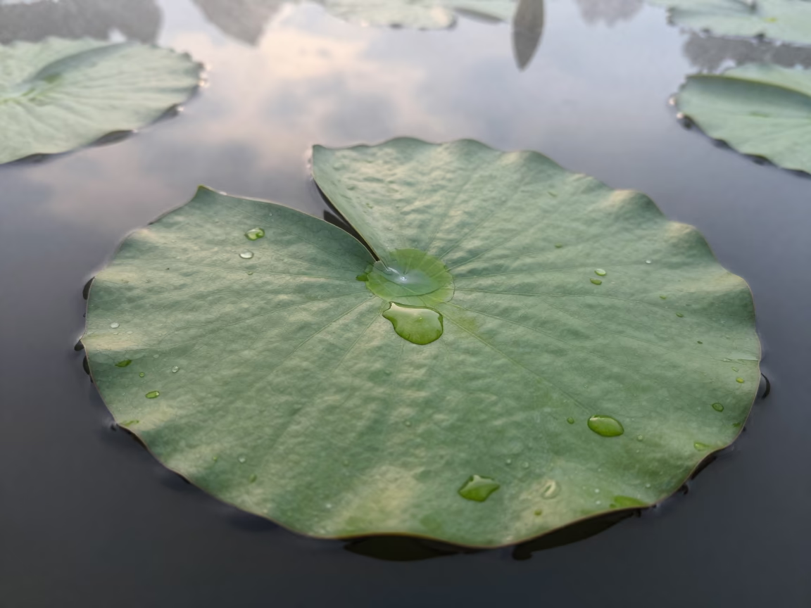 Water Lily Leaf Foggy Dawn Athens Late Summer in near Kolonaki, Athens