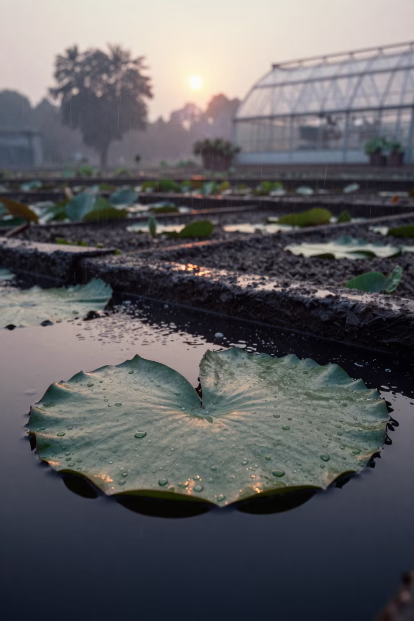 Water Lily Leaf in Rainy Garden Haze Near Karachi in among terraced garden plots near Karachi