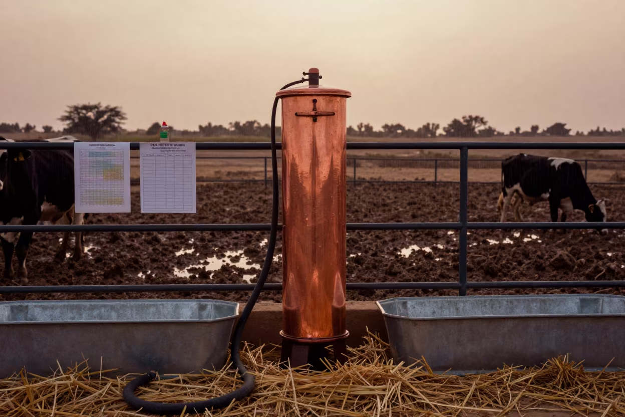 Water Medication Cylinder in Dusty Barn Light in along a muddy paddock fence in Saudi Arabia