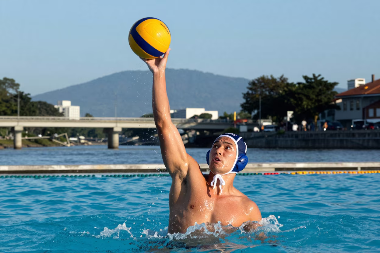 Water Polo Goalkeeper Blocks Shot by Singapore River in by a riverbank near Haji Lane, Singapore