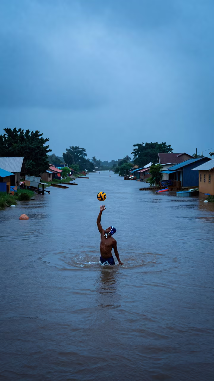 Water Polo Player Rising in Indigo Rain in in a village lane near Sokodé