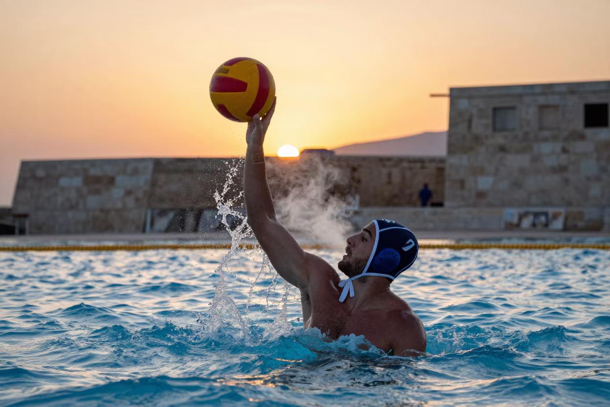 Water Polo Player Rising to Shoot at Sunset in at a harbor quay near Deir ez-Zor