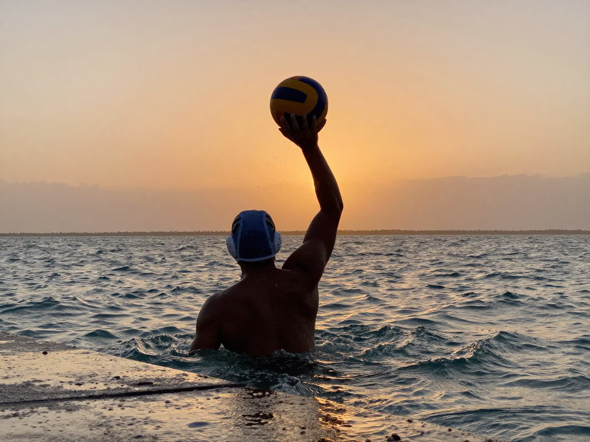 Water Polo Player Silhouette at Harbor Quay Sunset in at a harbor quay near Port Harcourt