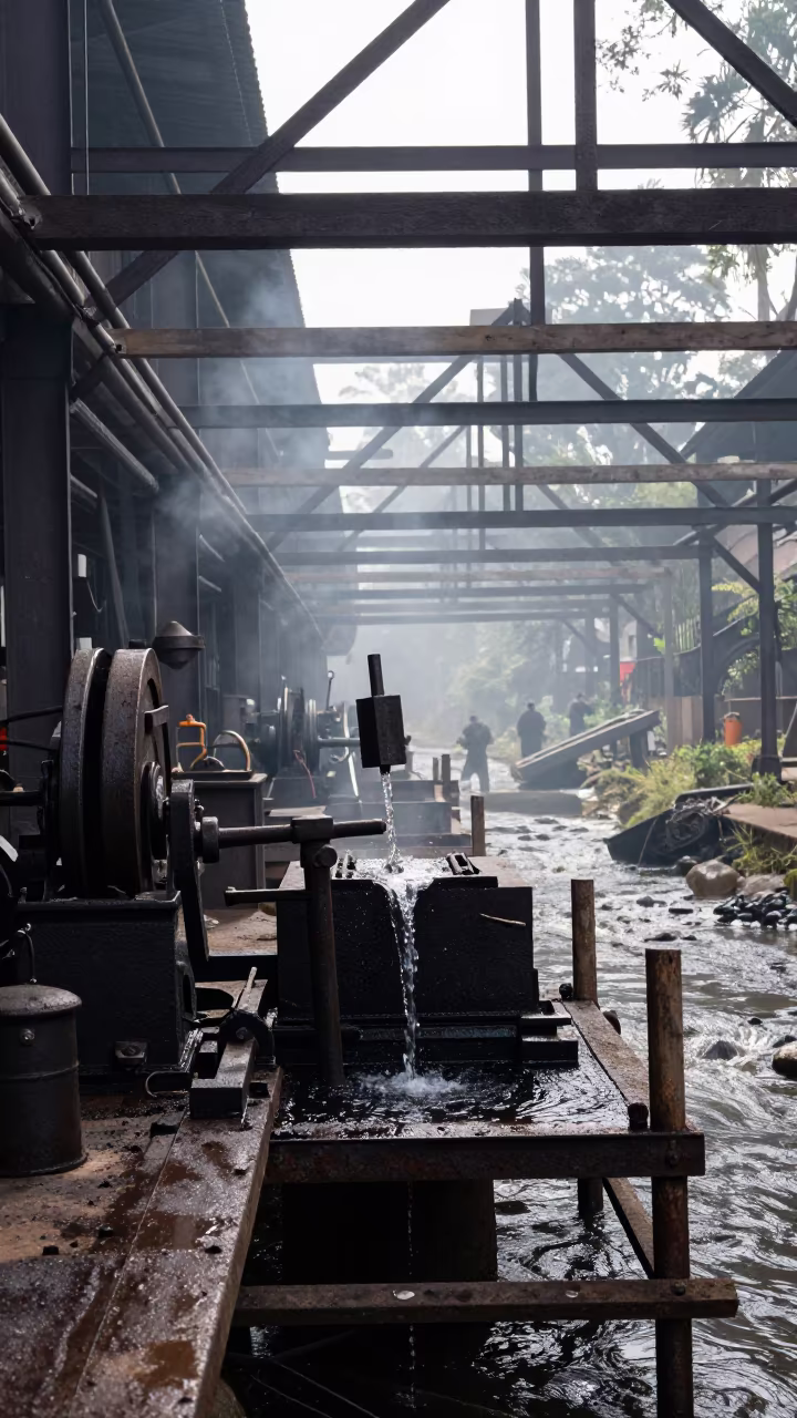 Water-Powered Forge Trip Hammer Near Bamenda Stream in on a scaffold platform near Bamenda